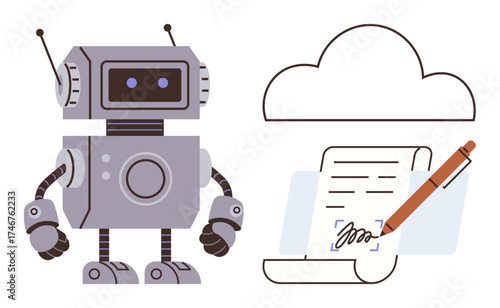 Robot beside cloud-connected digital document automated signature and cloud storage. Ideal for AI integration, document automation, data storage, efficiency, innovation, workflow, simple flat