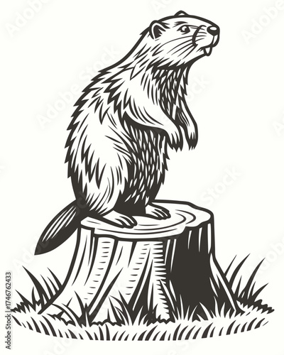 Beaver Standing on Tree Stump Vintage Woodcut Engraving Style Vector Illustration
