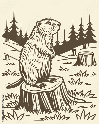 Beaver Standing on Tree Stump Vintage Woodcut Engraving Style Vector Illustration
