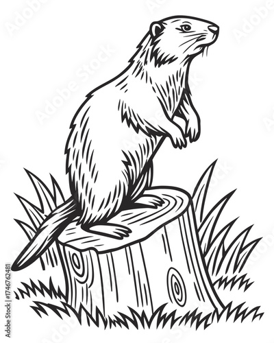 Beaver Standing on Tree Stump Vintage Woodcut Engraving Style Vector Illustration
