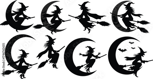 Halloween witch silhouettes flying on broomsticks with crescent moons, spooky bats, magical night sky, gothic fantasy vector illustration design