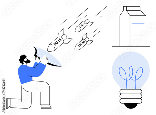 Man uses shield to block DDoS-marked missiles, standing near a data center and a glowing light bulb. Ideal for cyber security, defense, innovation, protection, technology, internet safety, simple