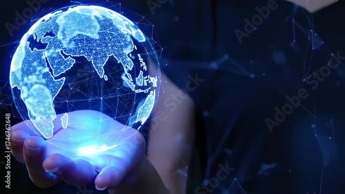 A glowing, digital Earth globe held in a person's hand, connected with lines and dots
