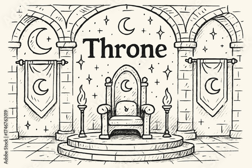 Throne Room Design. Hand-drawn throne room with moons, banners, and sparkles, center word “Throne” in black and white isolated