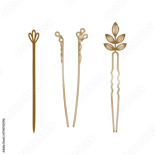 Three decorative golden hairpins with different designs on a white background.