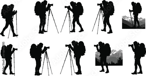 Hiking traveler silhouette with backpack tripod camera outdoor photography adventure mountain exploration trekking nature landscape travel vector illustration design