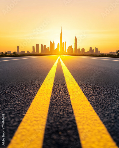 A stunning sunset over a city skyline, with a long road stretching into the horizon, symbolizing journey and adventure