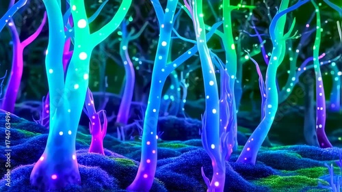An ethereal forest scene features glowing, multi-colored trees with luminescent dots