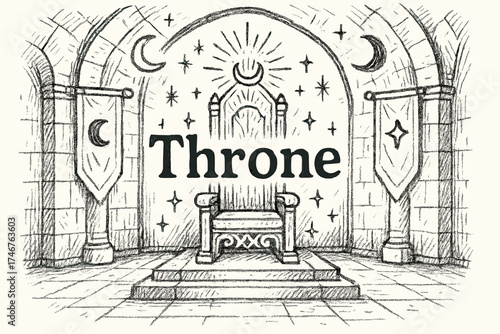 Throne Room Design. Hand-drawn throne room with moons, banners, and sparkles, center word “Throne” in black and white isolated