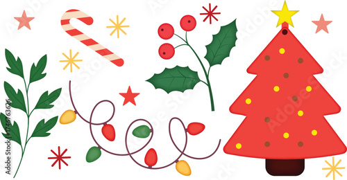 Whimsical holiday doodle of a red Christmas tree, holly, and glowing lights with stars on white background