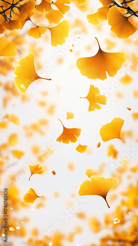 A dreamy cascade of Ginkgo leaves drifts through the air, creating an enchanting autumn atmosphere