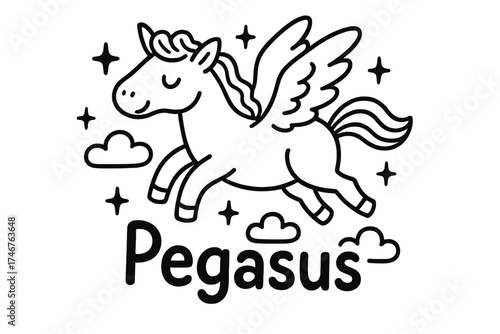Pegasus Doodle Scene. Doodle pegasus with stars, clouds, and sparkles, center word “Pegasus” in black and white isolated