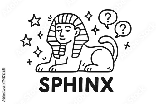 Sphinx Doodle Sparkles. Doodle sphinx with stars, riddles, and sparkles, center word “Sphinx” in black and white isolated