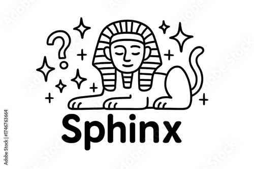 Sphinx Doodle Sparkles. Doodle sphinx with stars, riddles, and sparkles, center word “Sphinx” in black and white isolated
