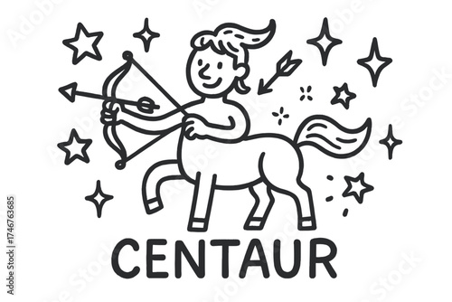Doodle Centaur Illustration. Doodle centaur with stars, arrows, and sparkles, center word “Centaur” in black and white isolated