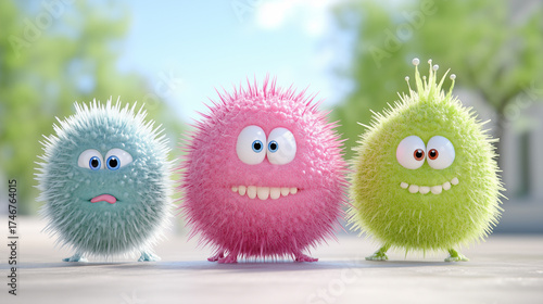 Cute and fluffy cartoon monsters with vibrant colors and big eyes, perfect for childrens content and playful designs