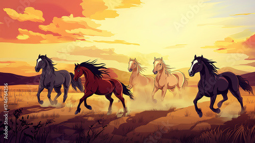 A group of horses running together at sunset, illustrating the spirit of companionship and the beauty of nature
