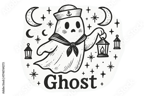 Sailor Ghost with Lanterns. Hand-drawn sailor ghost with moons, lanterns, and sparkles, center word “Ghost” in black and white