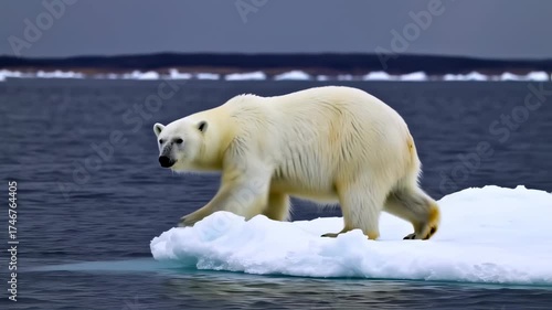 A white polar bear strides across an ice floe in the sea, looking for food