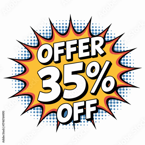 Comic book style burst with Offer 35% Off text illustration for promotions sales and discounts on a white background