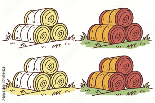 set of Hay bales stack, farm harvest scene, silhouette vector illustration