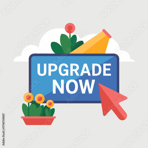 Digital upgrade prompt with cursor, blooming flowers, and upward-pointing arrow against a pale gray backdrop conveys a concept