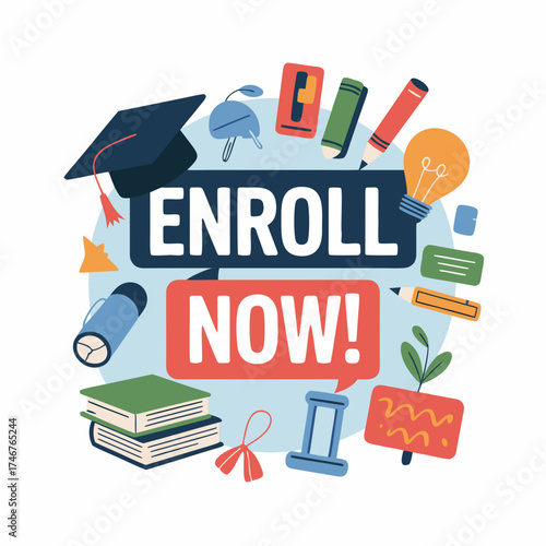 Educational enrollment design: Vibrant illustration with academic symbols, student essentials, and school supplies for new students, enrollment