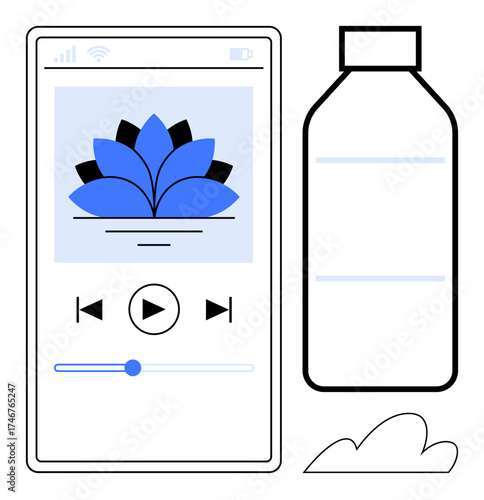 Smartphone with meditation app, play button, hydration bottle, and cloud. Ideal for wellness, mindfulness, self-care, relaxation hydration digital health lifestyle. Clean simple flat metaphor