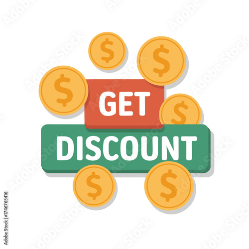 Financial promotion graphic with dollar coins and discount text on white background conceptualizing business offers and sale promotions