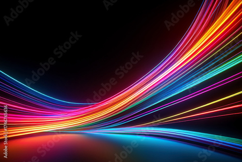 Abstract Neon Light Trails, High Speed Motion Blur Effect on Dark Background
