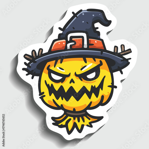 Halloween Scarecrow Pumpkin Sticker. Spooky Jack-o'-lantern with Witch Hat Cartoon Vector Illustration.