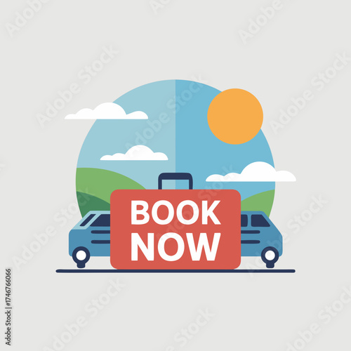 Travel booking concept illustration with suitcase and van transportation against vibrant landscape and sunny sky background design