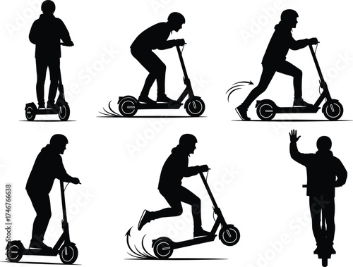 Electric scooter rider silhouette vector set, black mobility icons, urban commuting poses, motion gesture illustration, personal transport concept, dynamic movement design