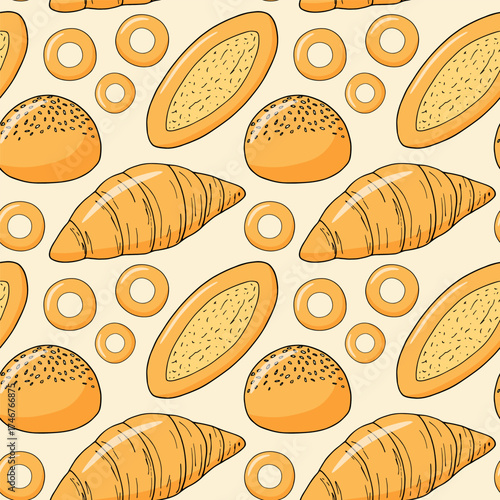 Pastry, sweet buns, seamless pattern, vector illustration. Donut, croissant, bagels. Bakery products. Doodle style.