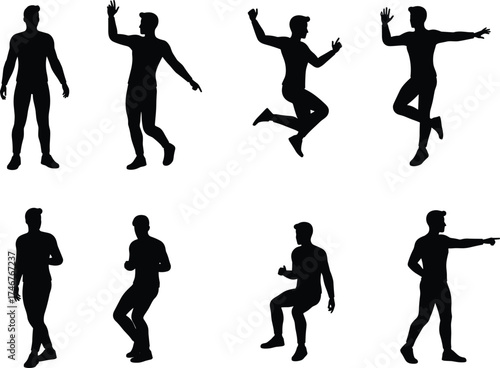 Human motion silhouette, walking and jumping pose, sitting and pointing gesture, body movement study, vector illustration, physical activity icons
