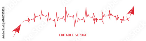 Abstract paper plane origami airplane, editable stroke ekg shape route, unhealthy heart vector. Medical science concept design to use for cardiology, healthcare business, love concept projects.