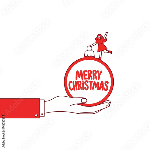 A woman joyfully presents a large Christmas gift box, wrapped in vibrant green with a bright red ribbon, symbolizing holiday generosity and celebration