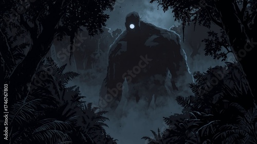 Dark, cinematic monster illustration. A huge, shadowy cryptid or behemoth lurks in a misty, moonlit forest. Horror, myth, and danger.