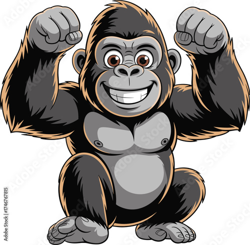 Cartoon gorilla flexing muscles, strong confident pose, smiling primate character, animated jungle animal, vector art, playful mascot, stock illustration