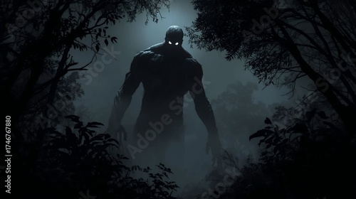 Dark, cinematic monster illustration. A huge, shadowy cryptid or behemoth lurks in a misty, moonlit forest. Horror, myth, and danger.