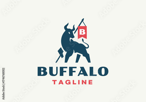 Bull with Flag Spear Vector Logo Template. Buffalo Icon Silhouette Ox with Banner Creative Bison Animal Emblem. Beef Meat and Steak Concept Logotype Label with Modern Typography. Isolated