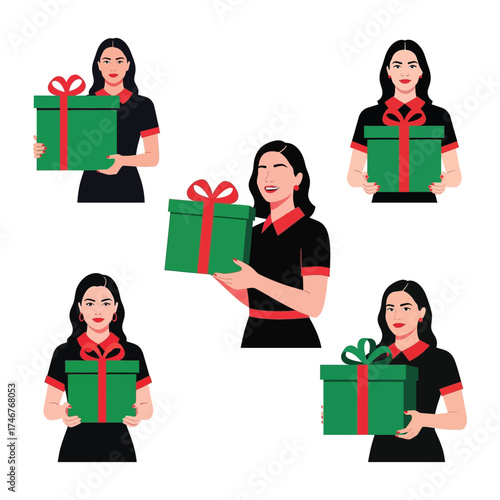 Cheerful woman carrying a large green polka dot present for a holiday celebration like Christmas
