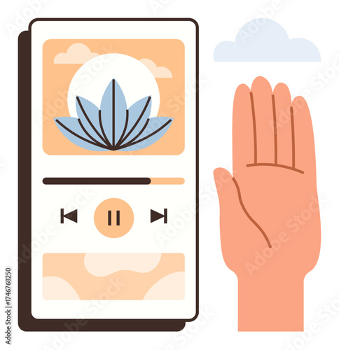 Smartphone screen displaying serene lotus-themed meditation app alongside an open hand gesture. Ideal for mindfulness, meditation, mental health, relaxation, wellness apps, self-care, focus. Simple