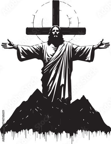 Jesus with cross and halo above mountains vector illustration for religious, spiritual and faith themes