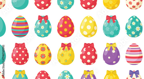 A cheerful collection of vibrantly decorated Easter eggs in various patterns and colors for a festive spring celebration.