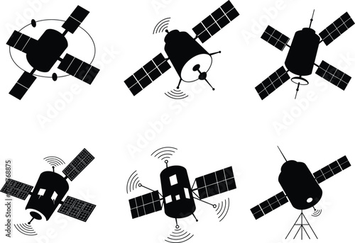 Satellite silhouette set, space communication icon, orbital device illustration, signal transmission vector, solar panel structure, aerospace technology, satellite system concept