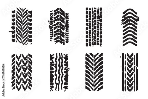 Tire tread marks, drift, motorsport, motocross, rally, tread mark with skid, grinding, splash effect. Graphic set of tire treads, wheel texture, car racing. Vector collection, wheel treads on asphalt 