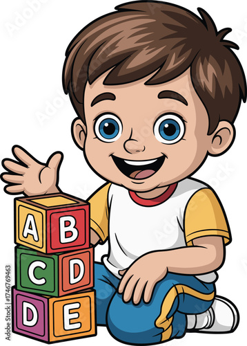 Smiling cartoon child, learning ABC blocks, early education concept, playful preschool activity, colorful letters, vector art, kids stock illustration