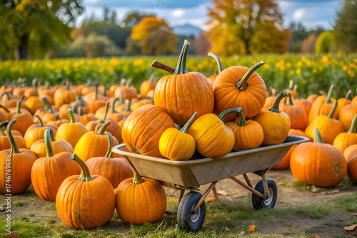 Wheelbarrow of Pumpkins in a Fall Harvest Scene