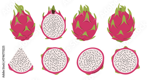 A vibrant collection of dragon fruit in various stages of slicing and whole.